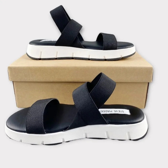 STEVE MADDEN GAVIA Sandals Womens 9 Strappy Black White Sling Back Elastic Strap - Picture 1 of 13